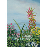 Miniature painting of clouds reflecting in a lake edged with pink and yellow wild flowers