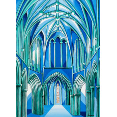 A painting in blue and turquoise hues of the church ceiling arches leading to a window