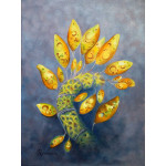 Golden yellow single cell algae attached with a tail to larger string algae like branches on a tree