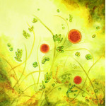 Painting of algae forms on a yellow background that resemble a wild meadow