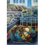 A painting of fishing nets and lobster pots on the quay side of a fishing village