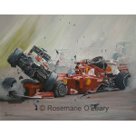 A painting of a grand prix formula one crash of two cars