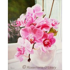 Painting of a pink orchid in full bloom in a white pot on a windowsill