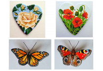 Floral painted hearts and monarch and peacock butterflies