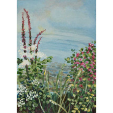 Miniature art card painting of lakeside reflections and wild flowers