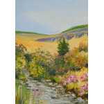 A miniature landscape painting of stream and hills from the Rhondda Valleys in Wales UK