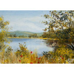 Miniature summer  landscape painting of Dare Valley Park lake and trees