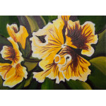 Miniature floral painting of yellow frilly violas