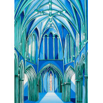 A painting in blue and turquoise hues of the church ceiling arches leading to a window