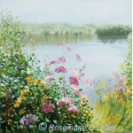 A painting of summer wild flowers at the edge of a lake