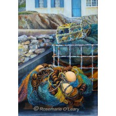 A painting of fishing nets and lobster pots on the quay side of a fishing village