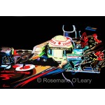 A bold painting of a grand prix racing car on a black background