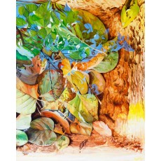 Painting of rich autumn coloured leaves in a birdbath reflecting blue sky