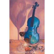 A painting of a violin, rose and a candle play on light