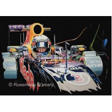 A bold painting of an F1 racing car being prepped before a race