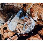 A painting of a crystal placed within a tree trunk hollow