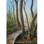 A painting of a wooden boardwalk path winding through a woodland